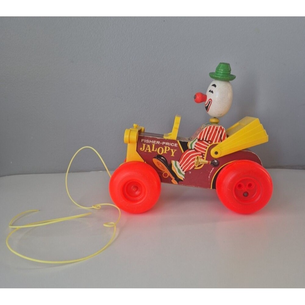 Fisher Price Vintage 1965 Wooden Jolly Jalopy the Clown Pull Toy Model 724